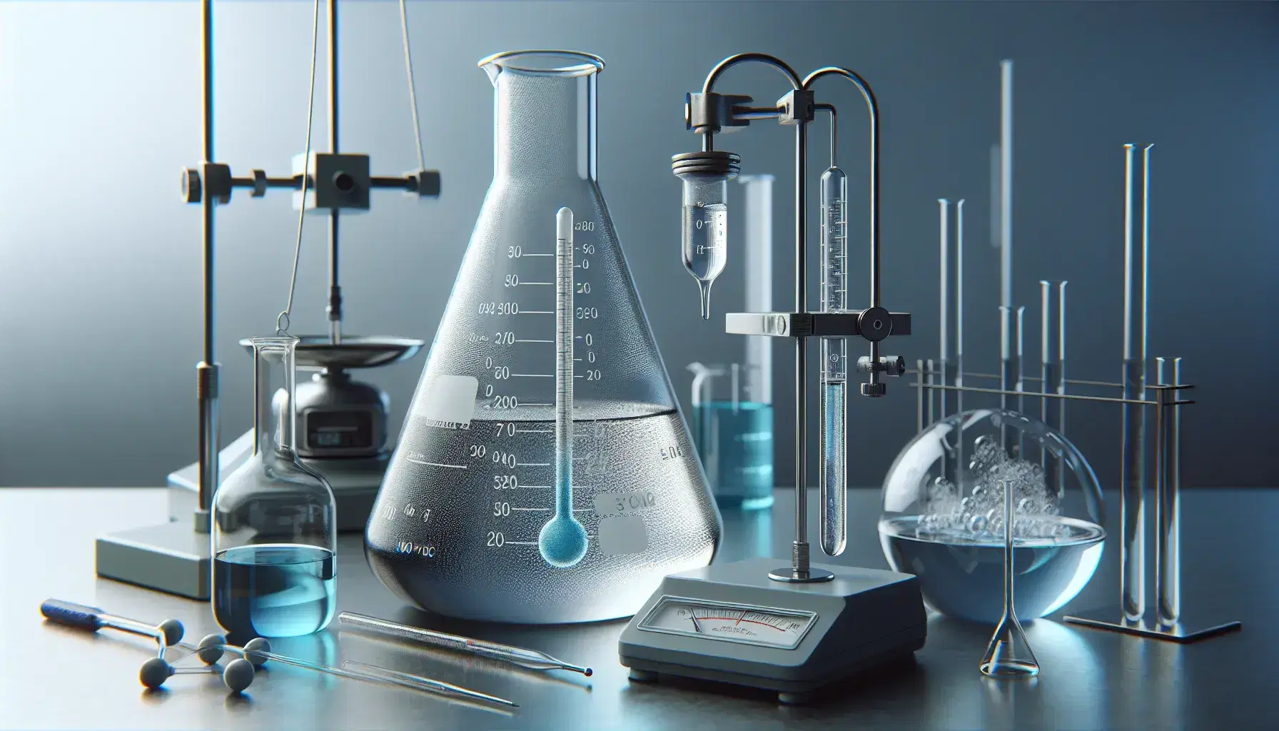 Laboratorio científico con experimentos de termoquímica, mostrando un matraz Erlenmeyer con líquido y termómetro, probeta con líquido azul y tubo de ensayo con vapor sobre quemador Bunsen.