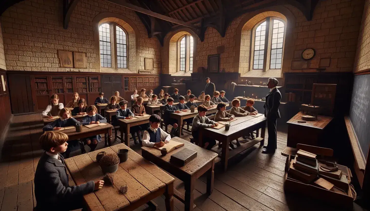 Aula vintage con pareti in pietra e finestre ad arco, bambini concentrati intorno a un grande tavolo di legno, insegnante vicino alla lavagna, globoterrestre in primo piano.