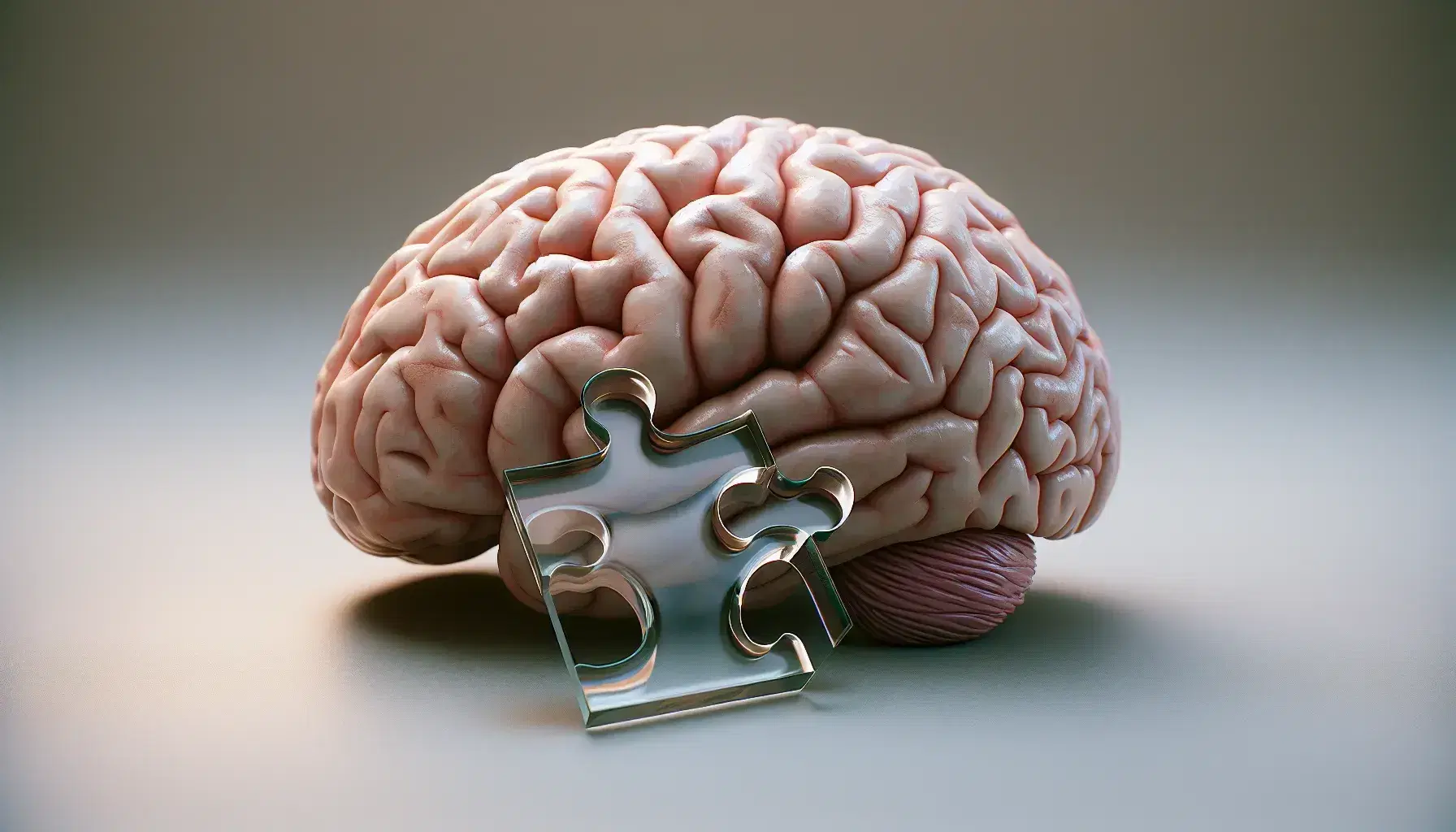 Realistic 3D model of a human brain with a transparent glass puzzle piece fitting into the brain surface on neutral background.