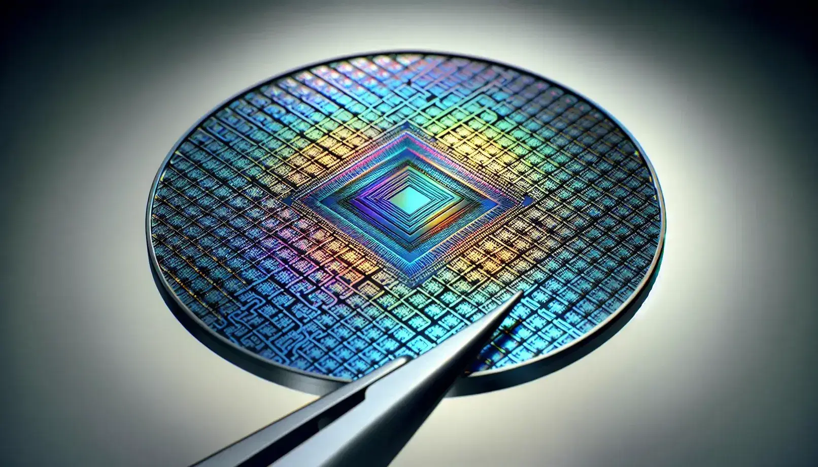 Close-up of a semiconductor silicon ribbon with iridescent reflections and integrated circuit patterns, held by anti-static tweezers.