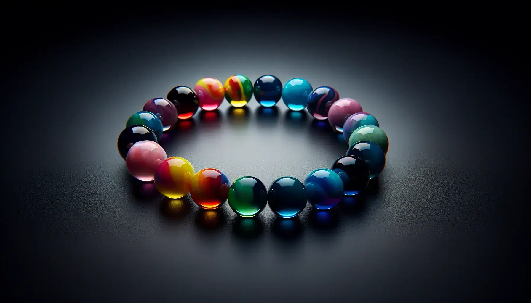 Eight shiny colored marbles arranged in a circle on a matte black surface, reflect the light, highlighting a rainbow of bright colours.