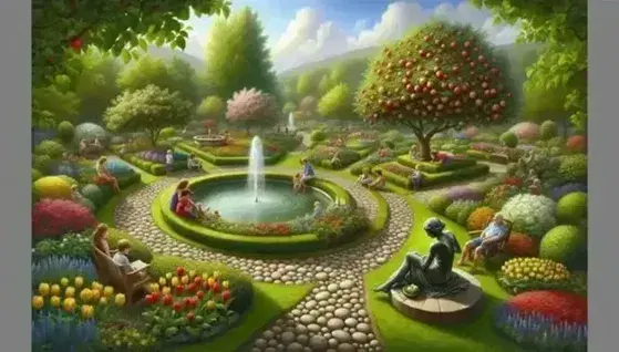 Giardino rigoglioso con sentiero di pietre, fontana centrale, persone rilassate, albero di mele e tulipani colorati sotto cielo azzurro.