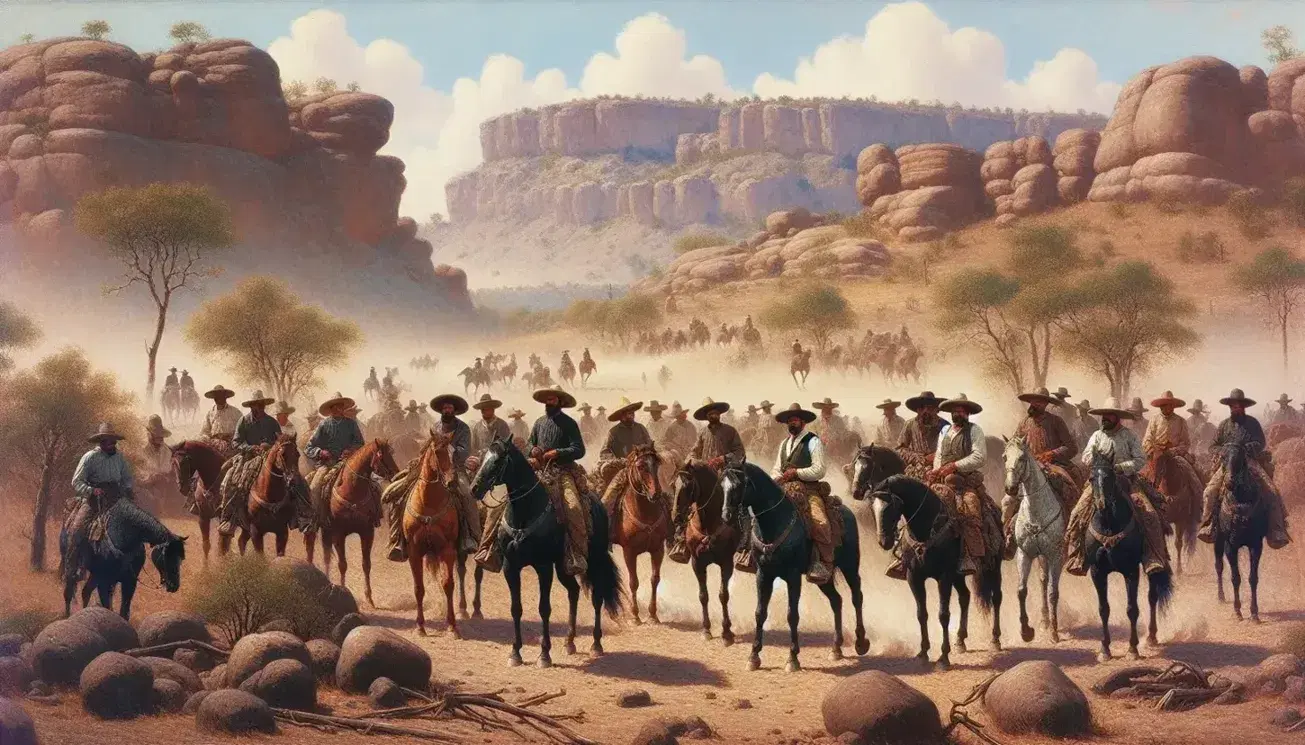 Grupo de jinetes con sombreros anchos y ropa de estilo principios del siglo XX montando caballos en un paisaje árido, con formaciones rocosas y cielo azul claro.