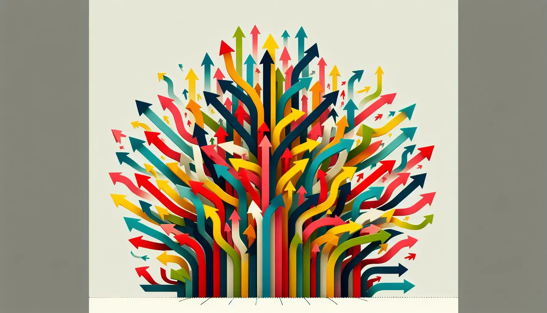 Colorful arrows in red, blue, green, and yellow converging from left to right and separating towards distinct endpoints on a light gray background.