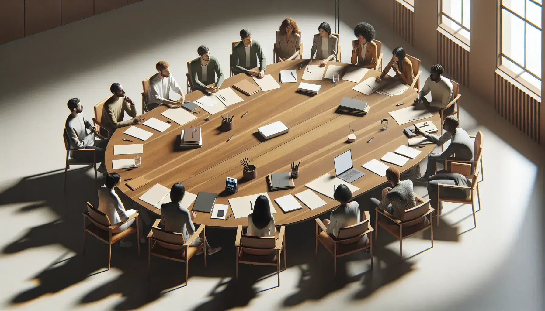 Group of diverse people sitting around a wooden oval table in a brightly lit room, with laptops and papers, in active discussion.