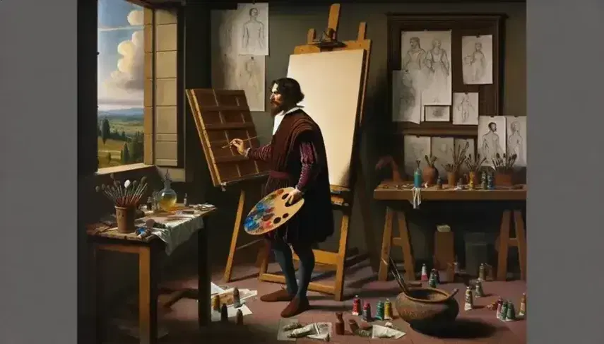 Artista renacentista en su estudio con paleta y pincel frente a lienzo en blanco, mesa con materiales de pintura y ventana con vista al paisaje.