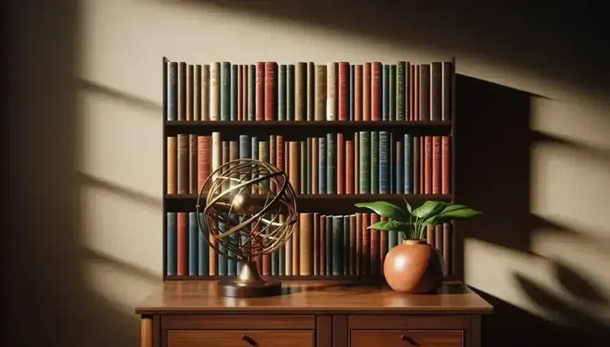 Estantería de madera oscura con libros de colores variados y esfera armilar dorada sobre mesa de madera clara junto a planta en maceta.