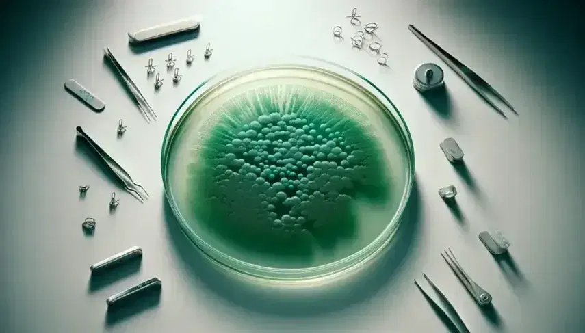 Petri dish on white lab countertop with dense green bacterial colonies concentrated in center, thinning towards edges, with reflective agar surface.