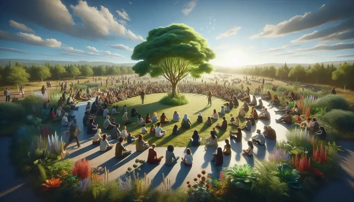Grupo diverso de personas reunidas en círculo alrededor de un árbol en un parque, interactuando y disfrutando de la naturaleza en un día soleado.