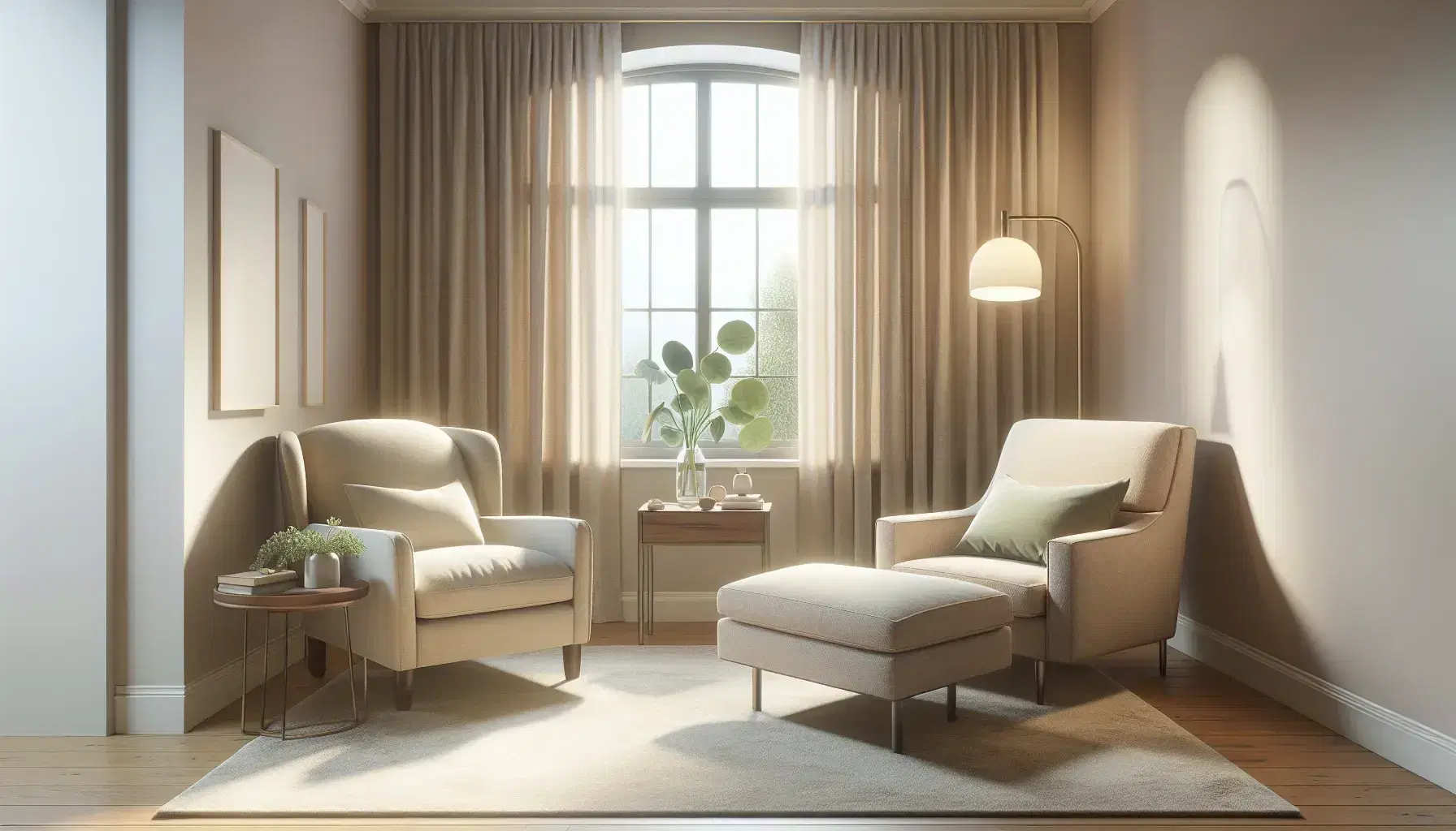 Peaceful therapeutic office with comfortable armchair, matching sofa, coffee table with green plant, wooden desk, window with translucent curtains.