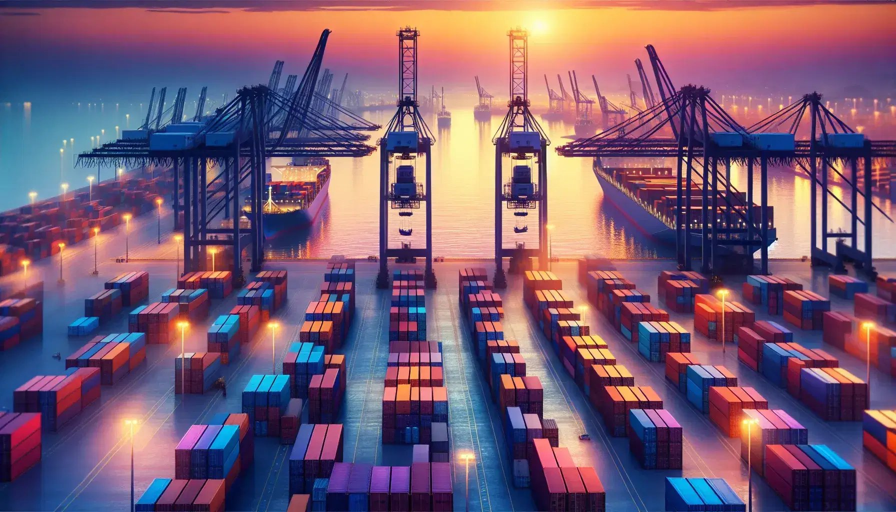 Twilight at a busy cargo port with stacked multicolored shipping containers, towering yellow cranes, and silhouetted cargo ships against a sunset sky.