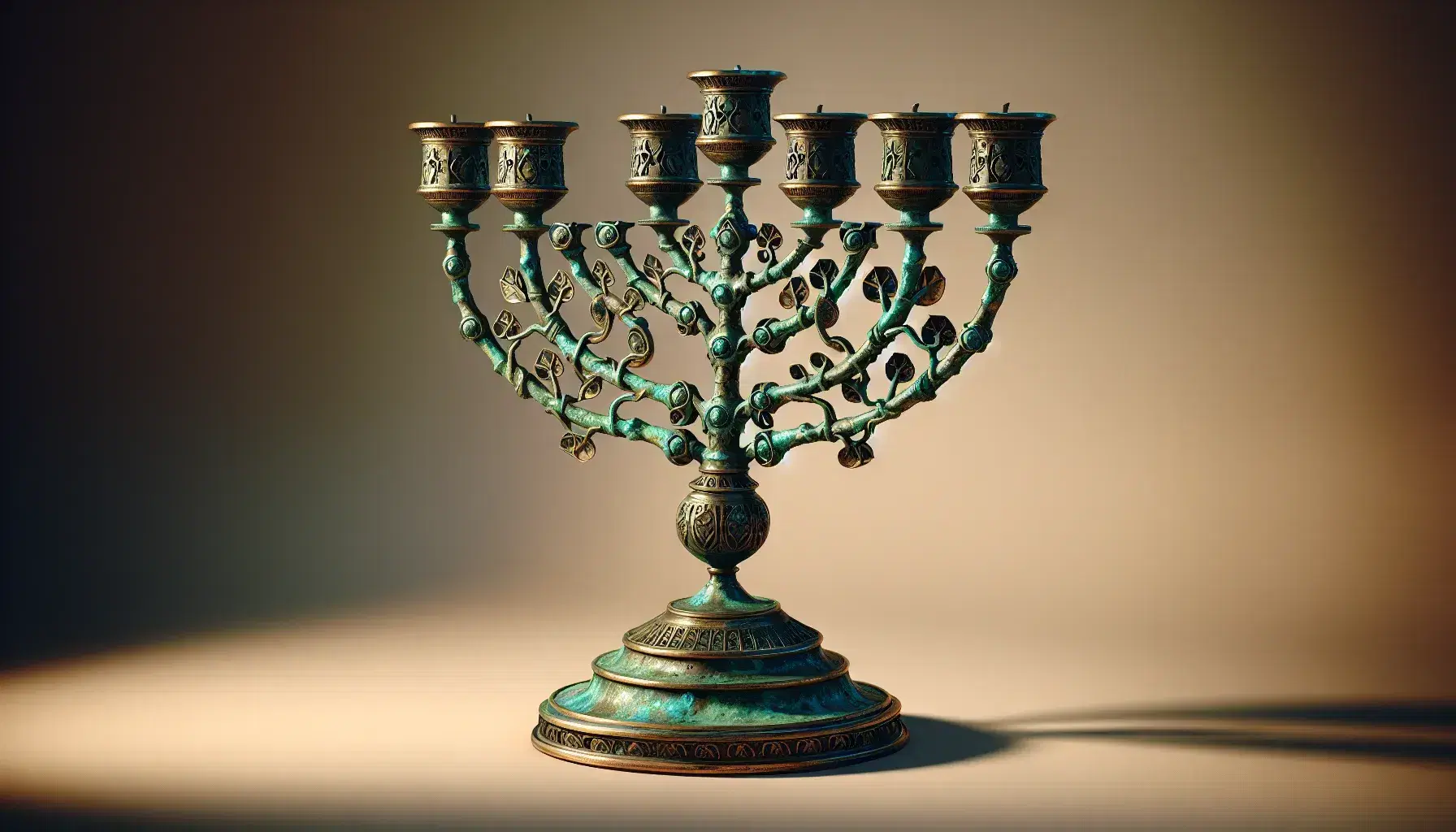 Menorah antica in bronzo a sette bracci con patina verde-blu, base rotonda e motivi floreali, senza candele su sfondo neutro.