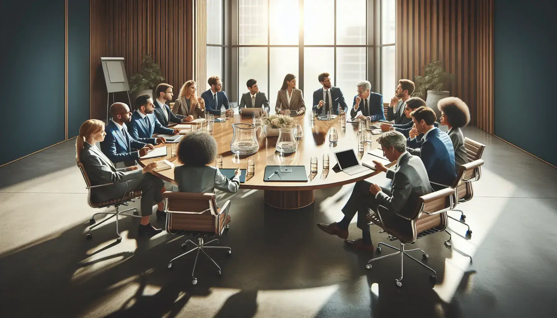 Diverse group of professionals engaged in a meeting around an oval table in a well-lit room, with digital devices, notepads, and a central water pitcher.