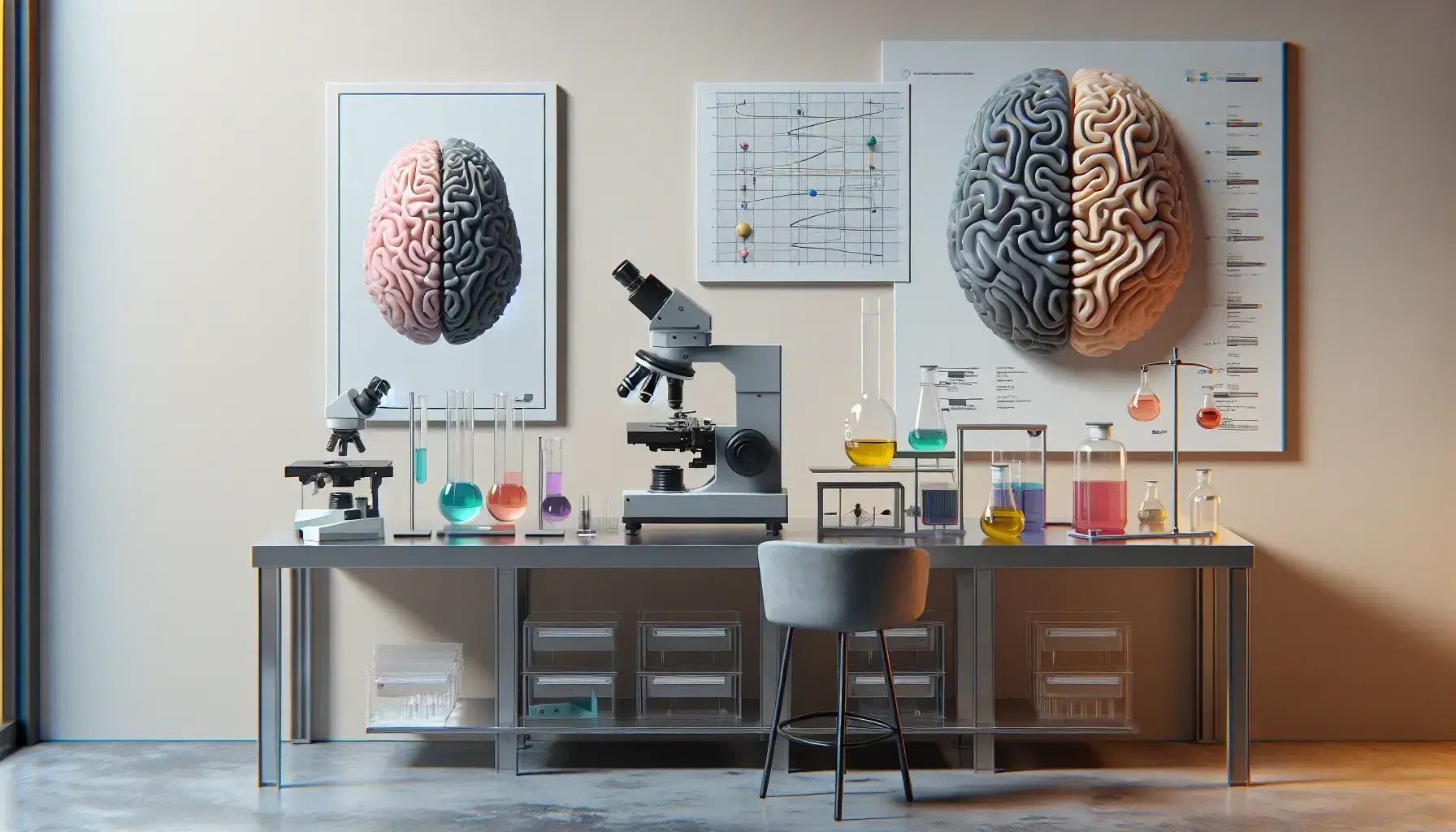 Laboratorio de investigación con microscopio electrónico, modelo de cerebro humano y frascos con líquidos coloridos, junto a investigador en bata blanca.