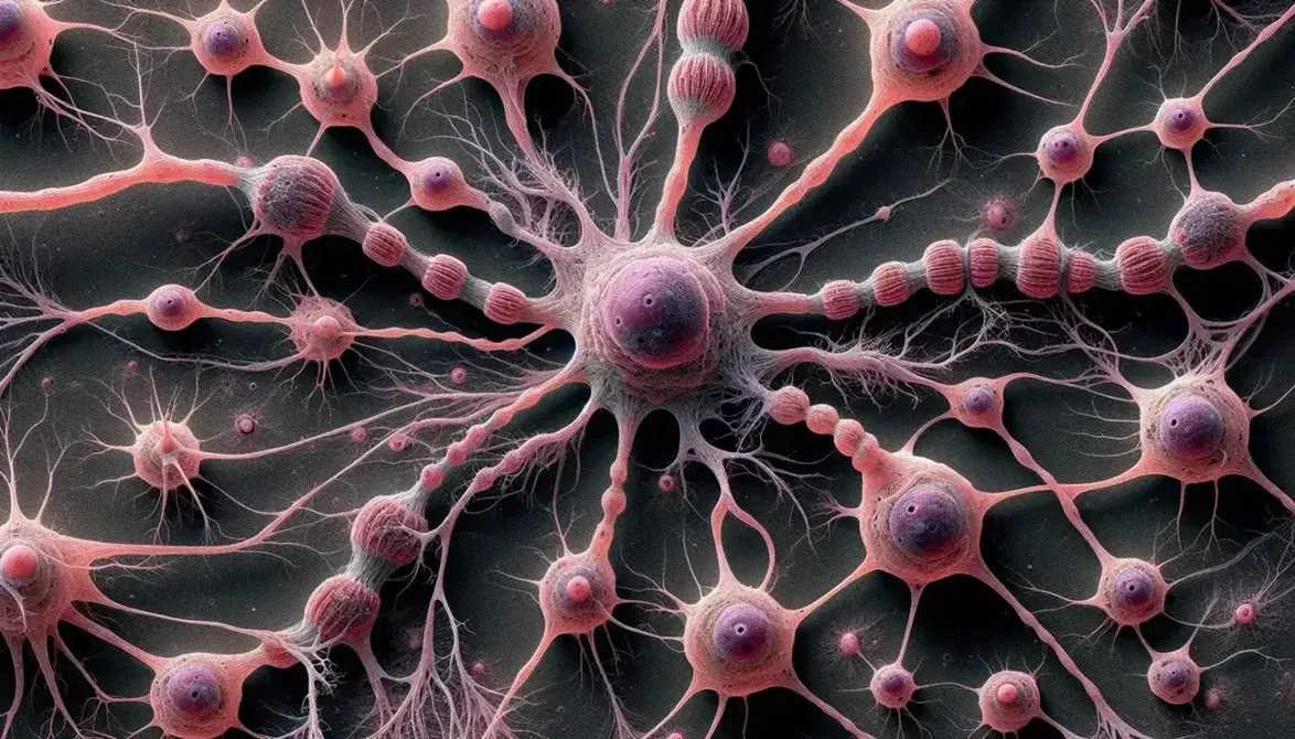 Vista microscópica de neuronas interconectadas con un cuerpo celular rosa central, dendritas, axón con mielina y red neuronal compleja en fondo oscuro.