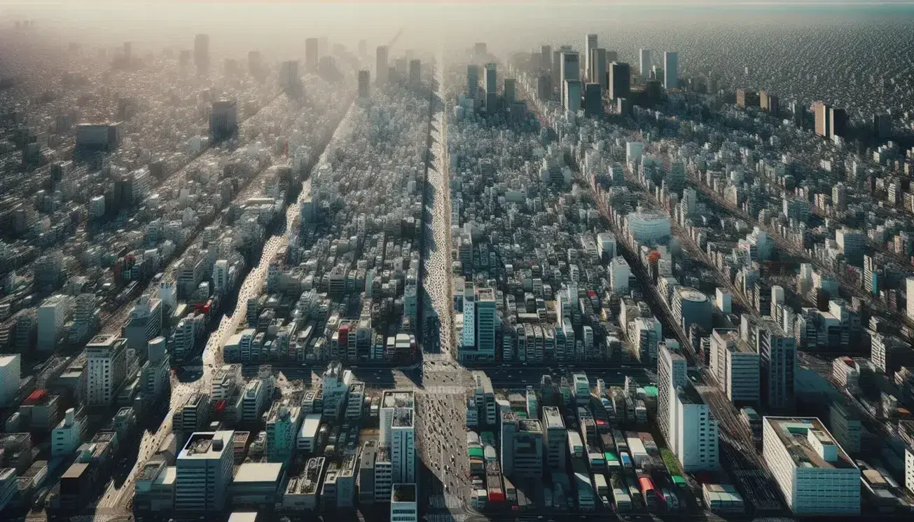 Vista aérea de ciudad densamente poblada con edificios variados, calles con vehículos y áreas verdes, bajo un cielo azul claro.