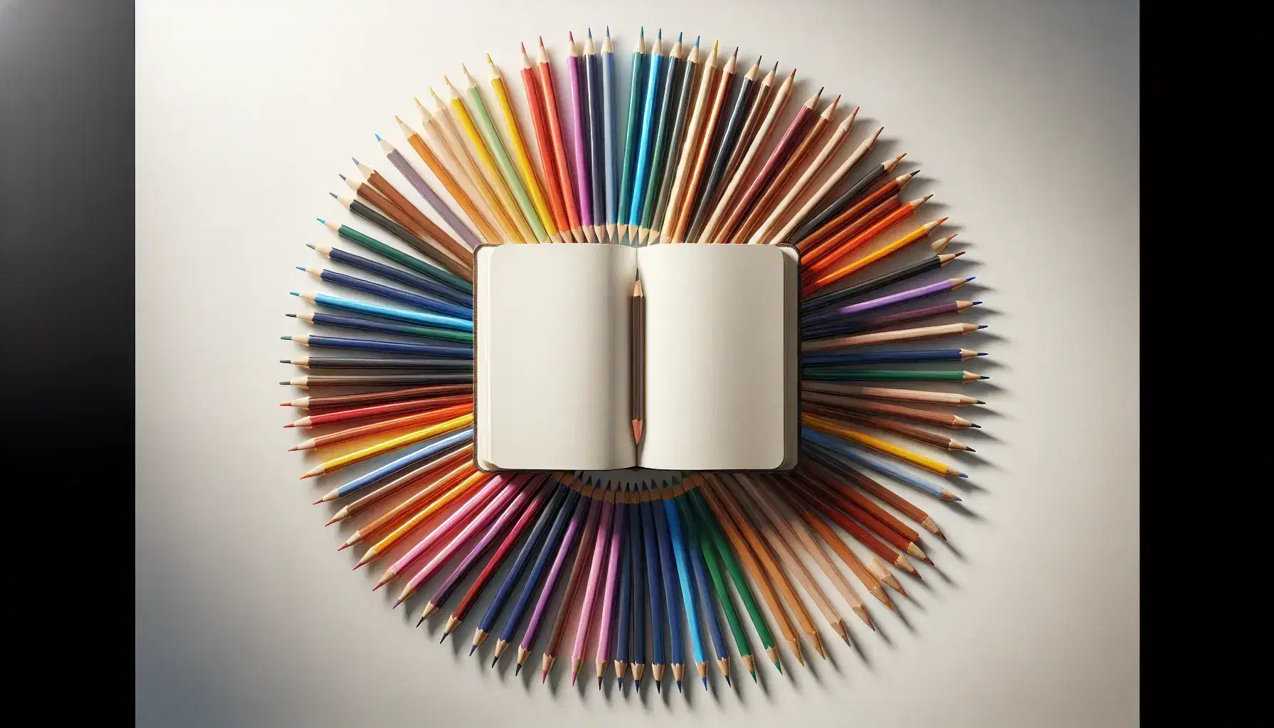 Matite colorate disposte a cerchio con punte arcobaleno rivolte verso un libro aperto al centro su sfondo bianco.