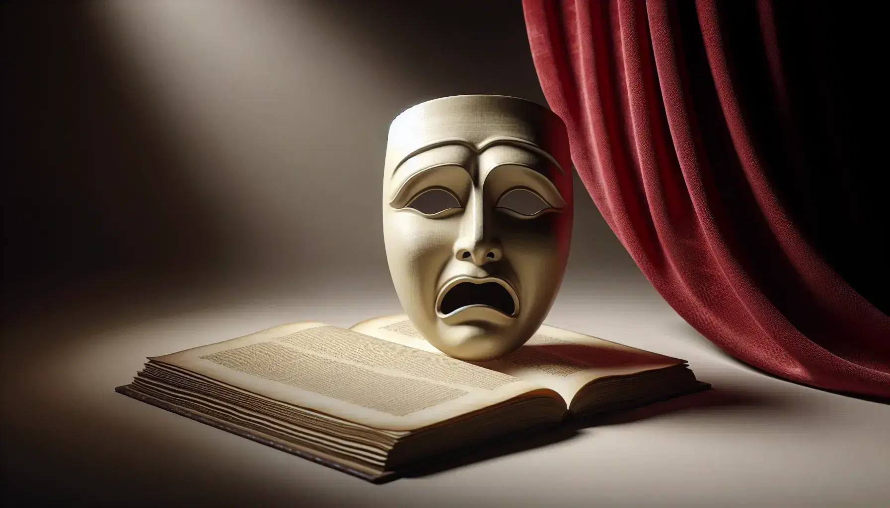 Maschera teatrale tradizionale avorio con espressione sorpresa su sfondo neutro, tenda vellutata rossa e manoscritto aperto senza testo.