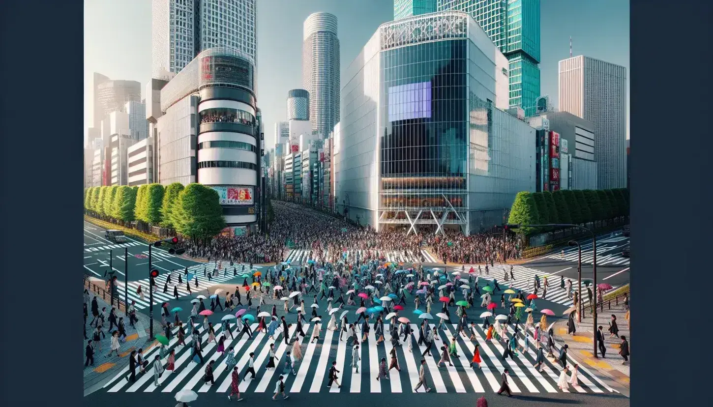 Incroci pedonali affollati a Tokyo con persone che attraversano, ombrelli colorati e grattacieli moderni sullo sfondo in una giornata luminosa.