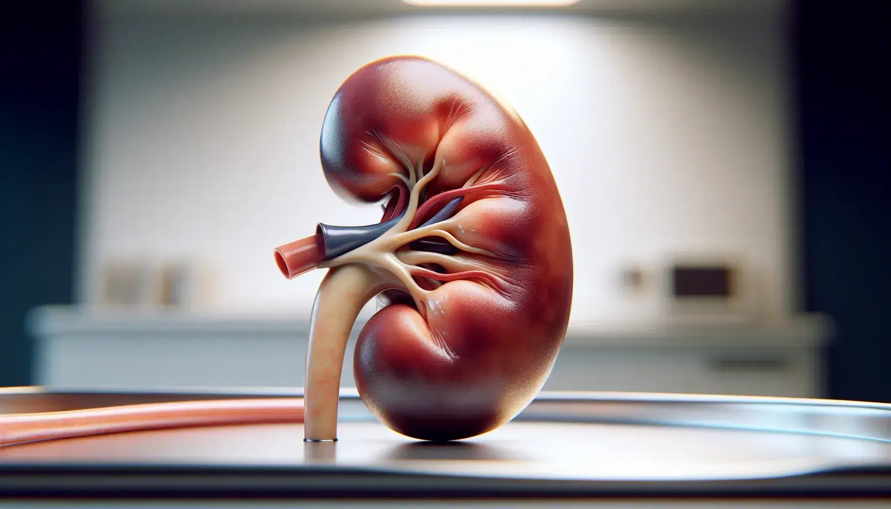 Riñón humano detallado y colorido en bandeja clínica con ureter adjunto, mostrando textura lisa y tonos rojizos a marrones, en entorno neutro.