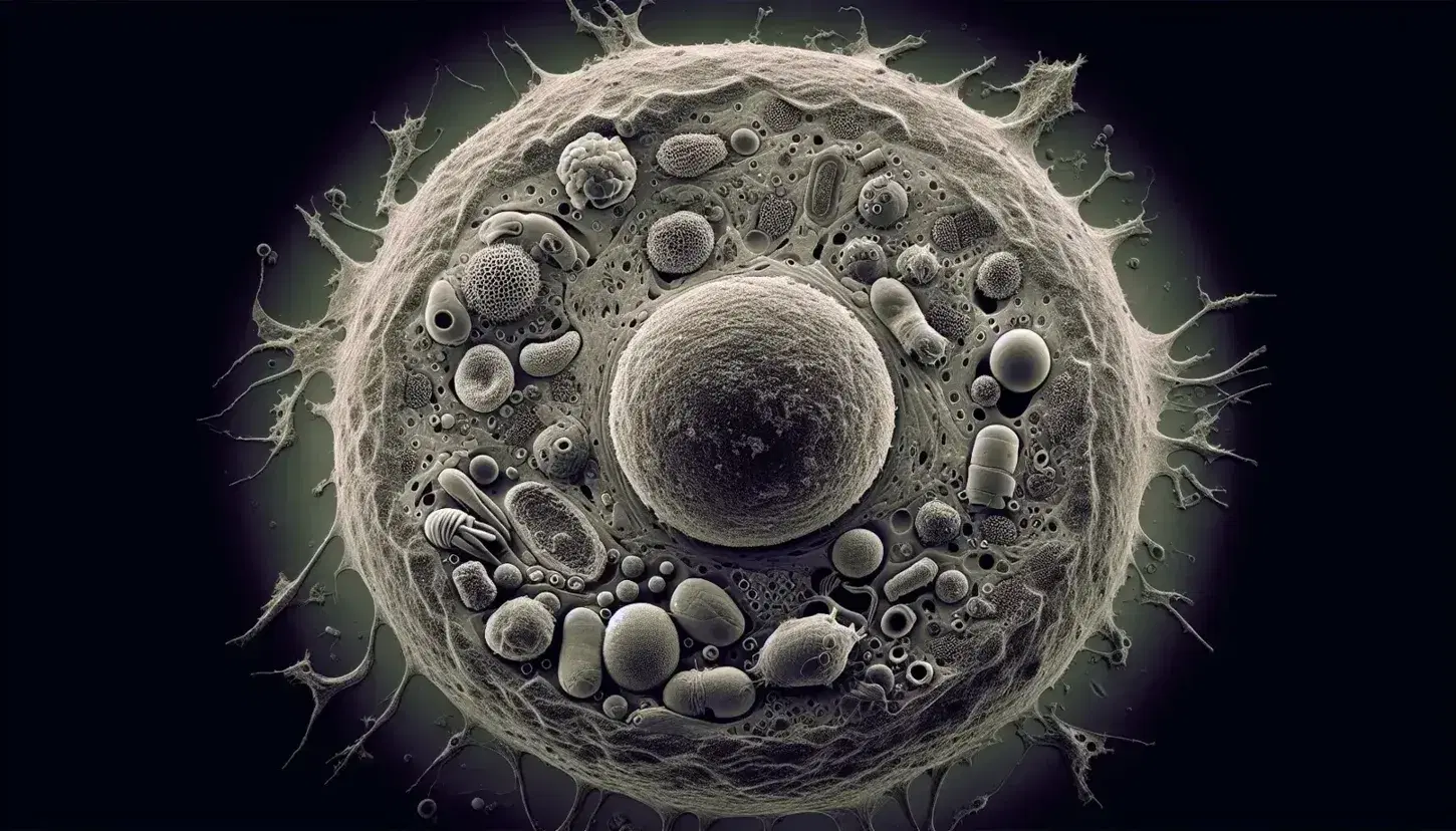 Micrografía electrónica de célula con núcleo esférico central, citoplasma con orgánulos y membrana celular delimitante, en tonos de azul a amarillo.