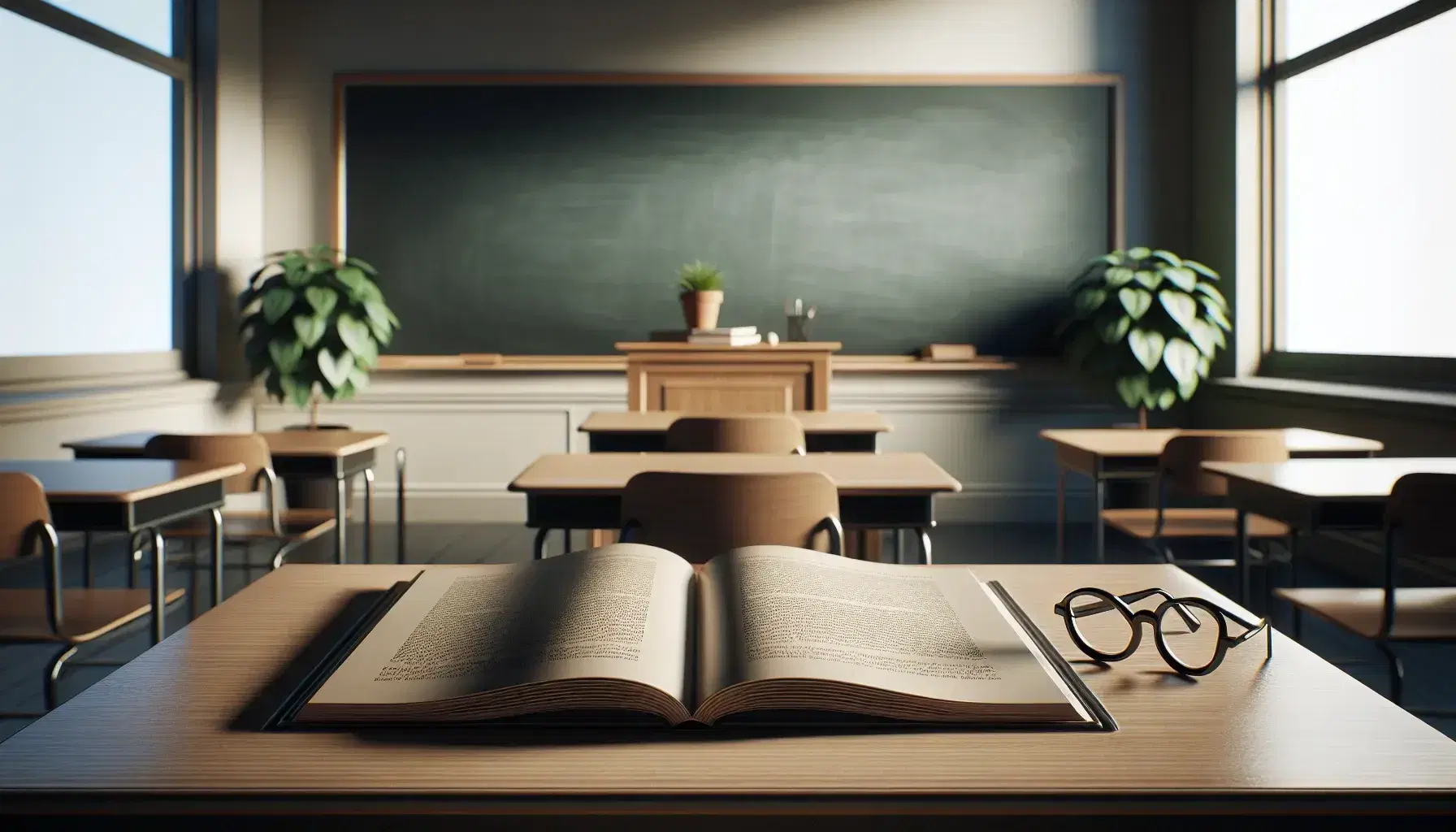 Serene classroom with teacher's desk, open textbook, round-lensed eyeglasses, chalkboard, potted plants, student desks, and light blue walls.