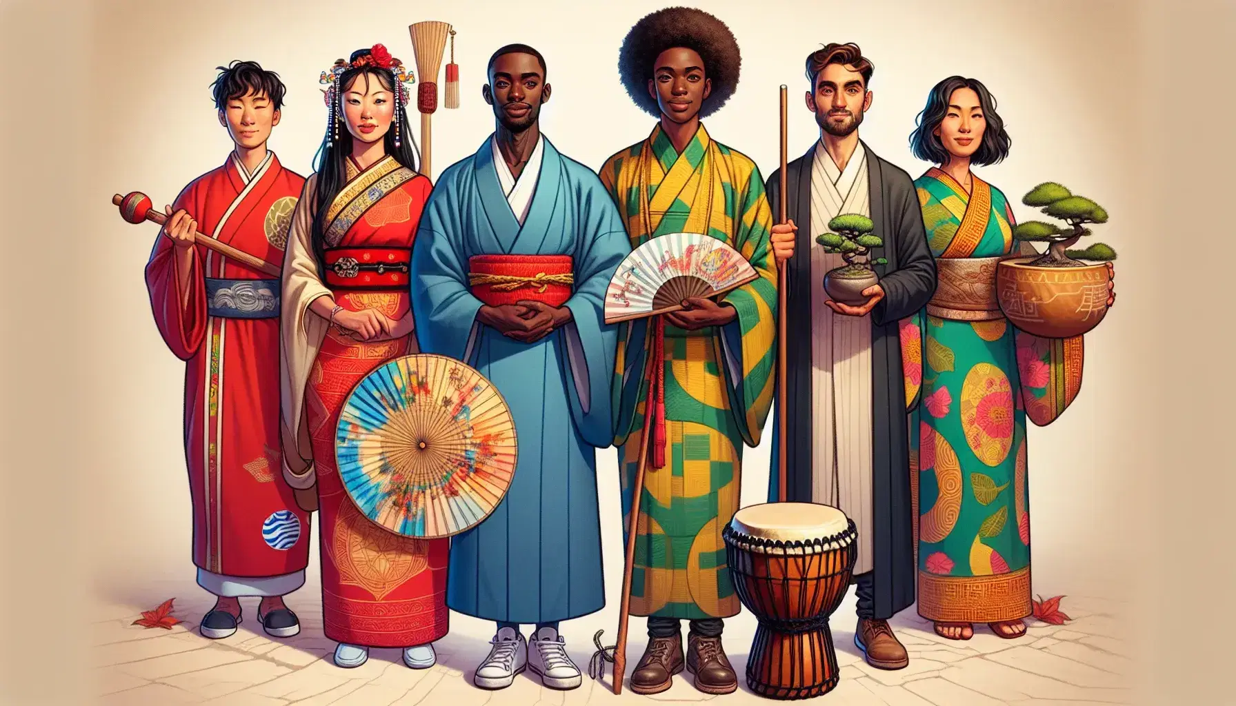 Five people in traditional global attire holding cultural items: Chinese Hanfu with fan, Japanese kimono with bonsai, African dashiki with djembe, Indian sari with diya, and Western suit with pen.