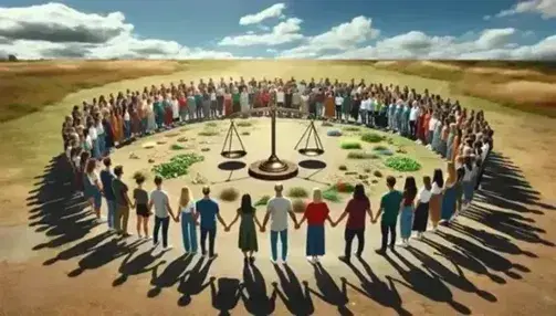 Grupo diverso de personas de distintas edades y etnias tomadas de la mano en círculo alrededor de una balanza equilibrada en un parque soleado.