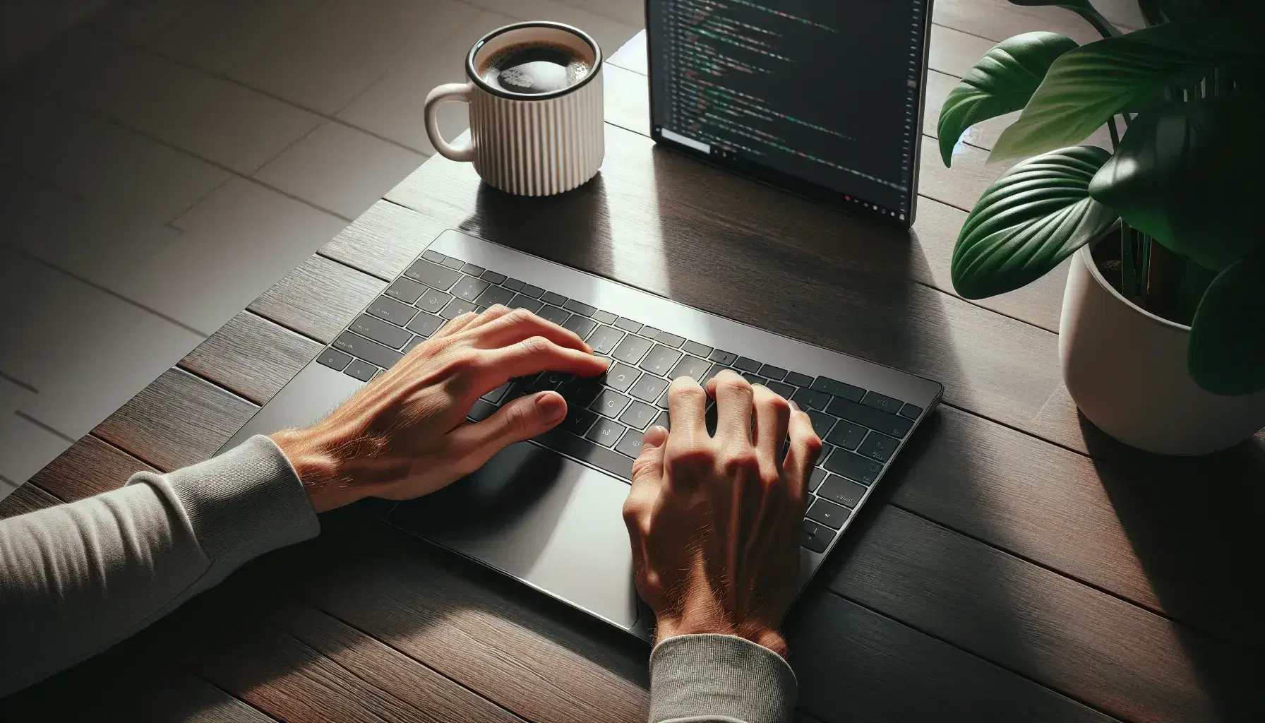 Hands typing on modern laptop keyboard on dark wooden desk, with cup of coffee and green plant.