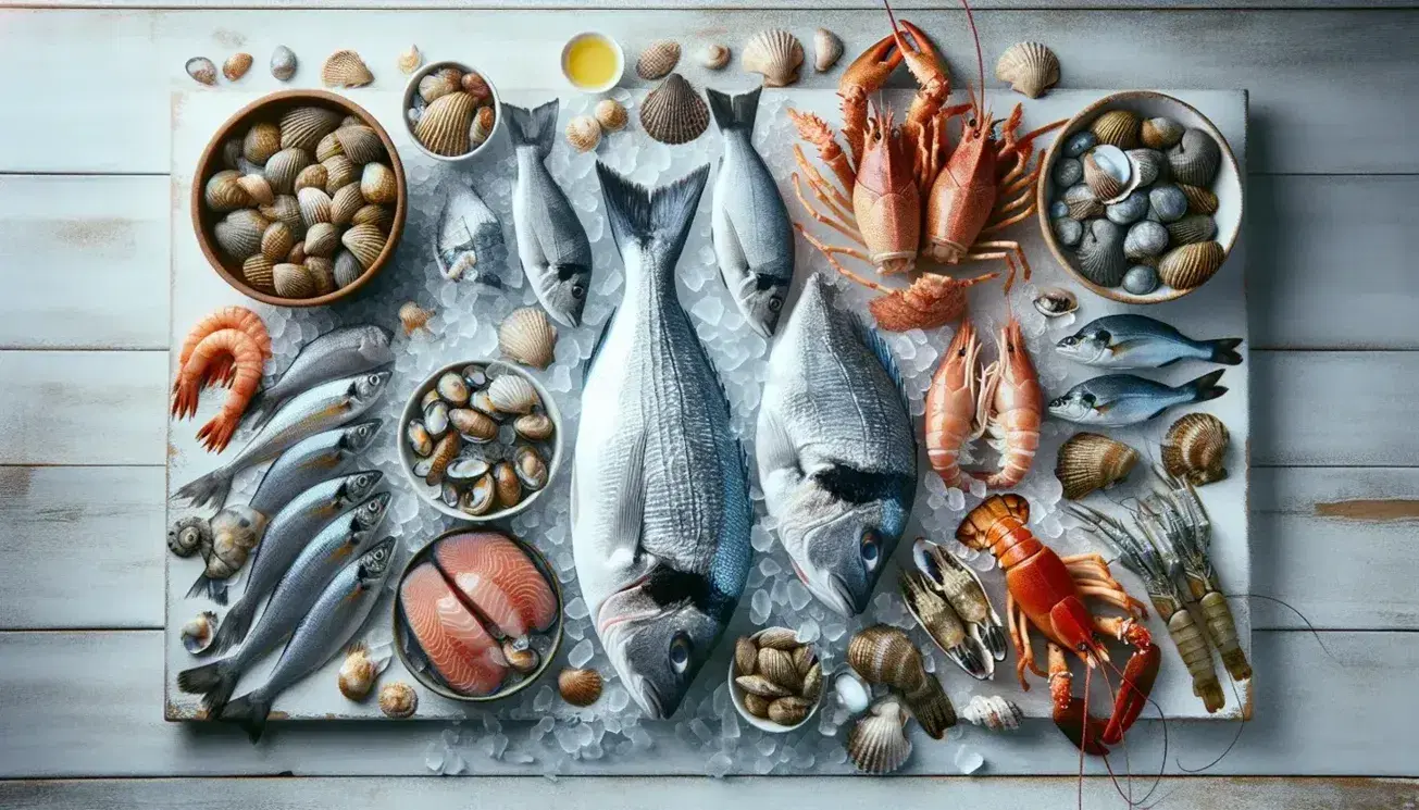 Mesa de madera con pescado fresco entero en hielo, crustáceos rojizos, moluscos bivalvos, filetes de pescado y mariscos pequeños en ambiente de cocina iluminado naturalmente.
