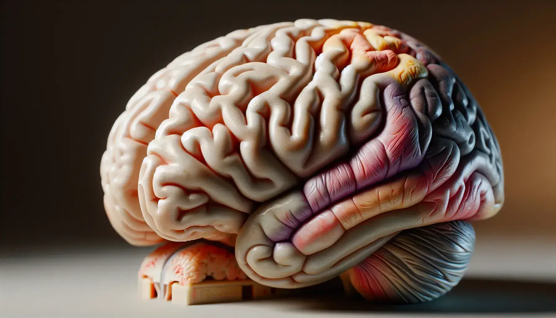 Detailed model of the left hemisphere of the human brain with highlighted limbic system and visible prefrontal cortex.