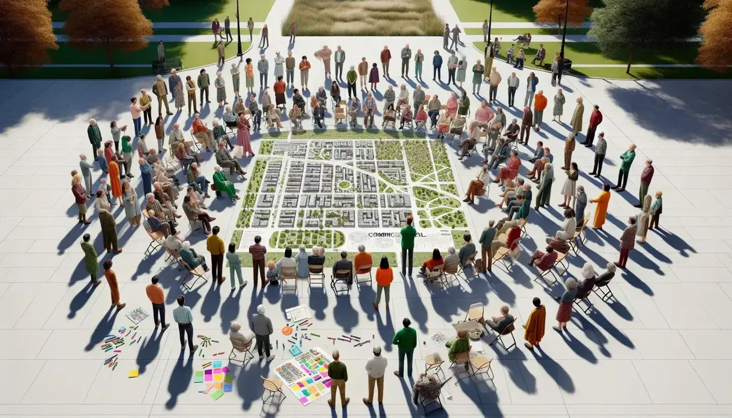 Grupo diverso de personas reunidas en círculo al aire libre, discutiendo sobre un mapa y fotografías de la comunidad en una mesa, en un día soleado.