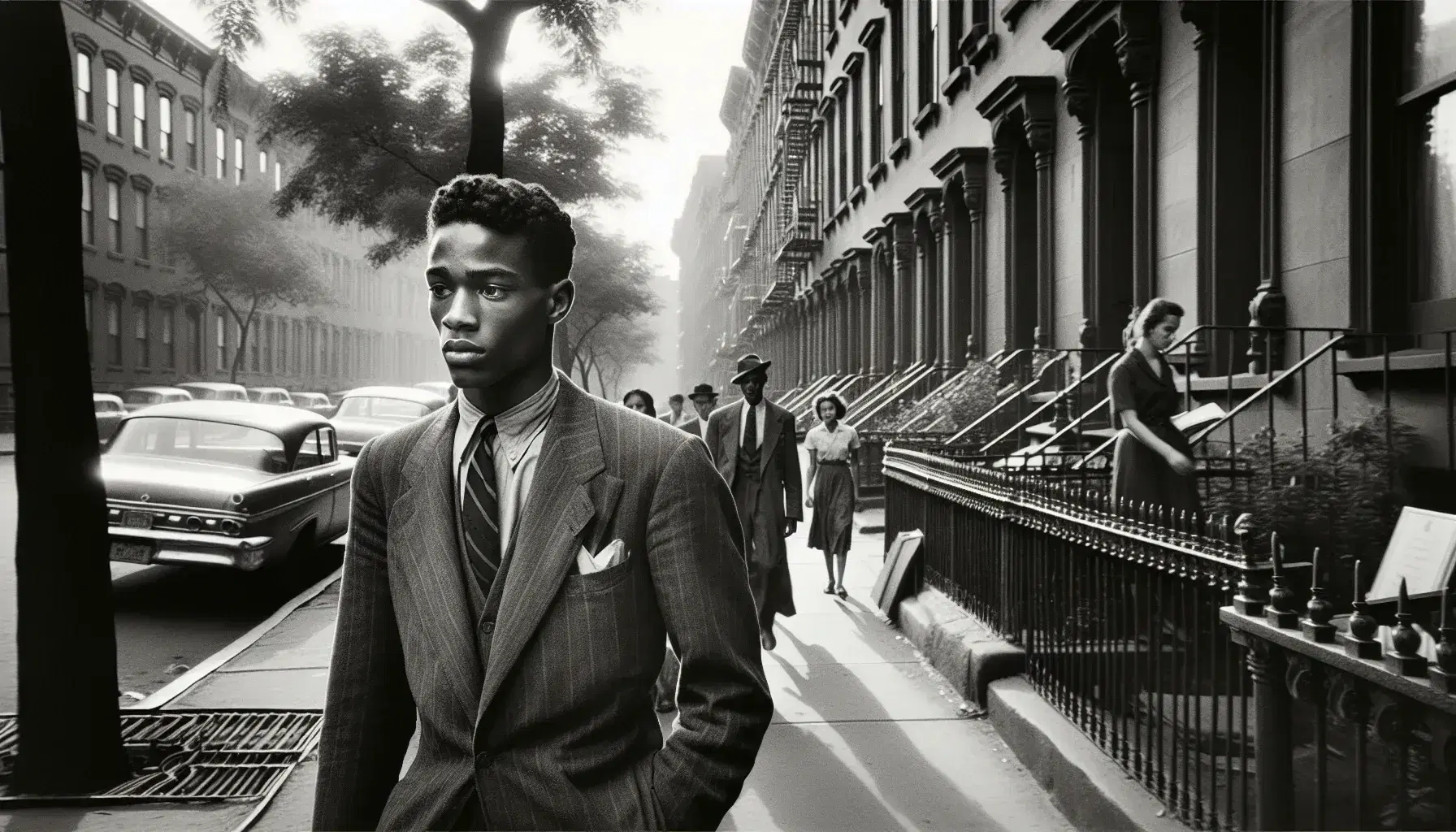 Vintage New York City street scene with a pensive young African American man in a suit carrying a book, amid brownstones and classic cars.
