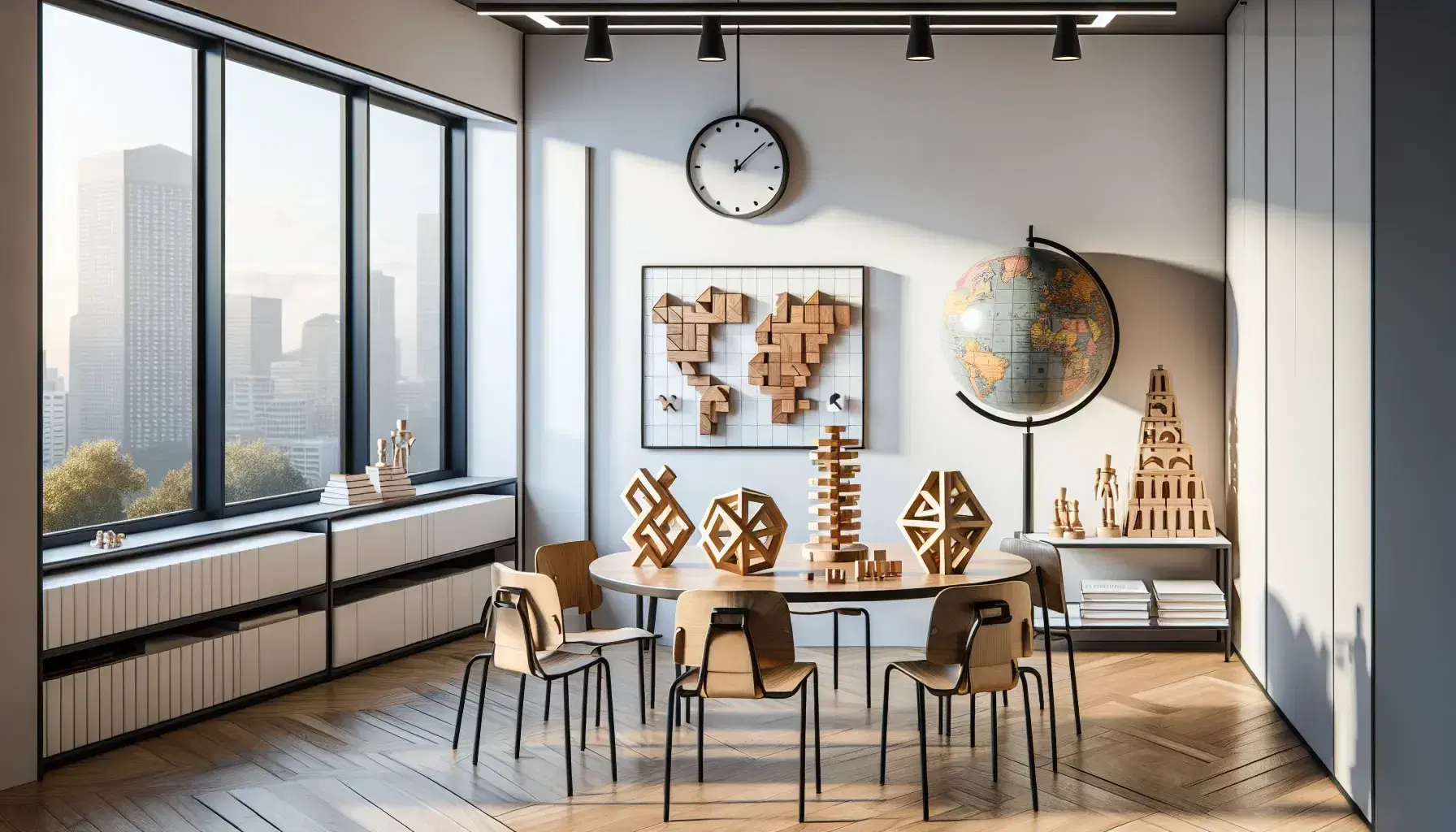 Aula moderna y luminosa con mesa redonda, sillas, rompecabezas de madera, juegos de lógica en estante, globo y reloj en pared, pizarra blanca y suelo de parquet.