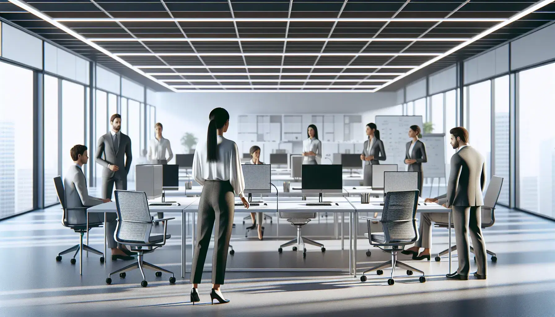 Mujer liderando reunión de equipo en oficina moderna con colegas atentos, mesas de trabajo con ordenadores y planta decorativa.