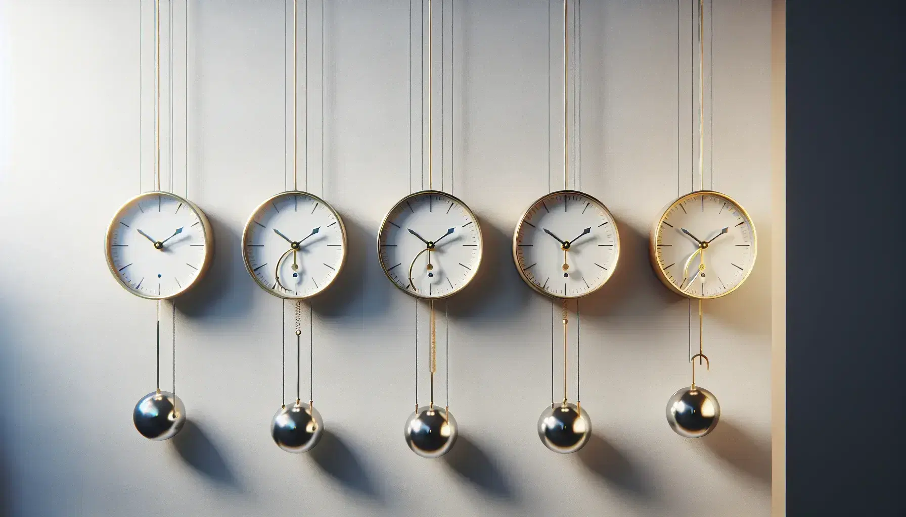 Four identical pendulum clocks on a wall showing a phase shift, with pendulums captured at various points in their swing against a neutral background.
