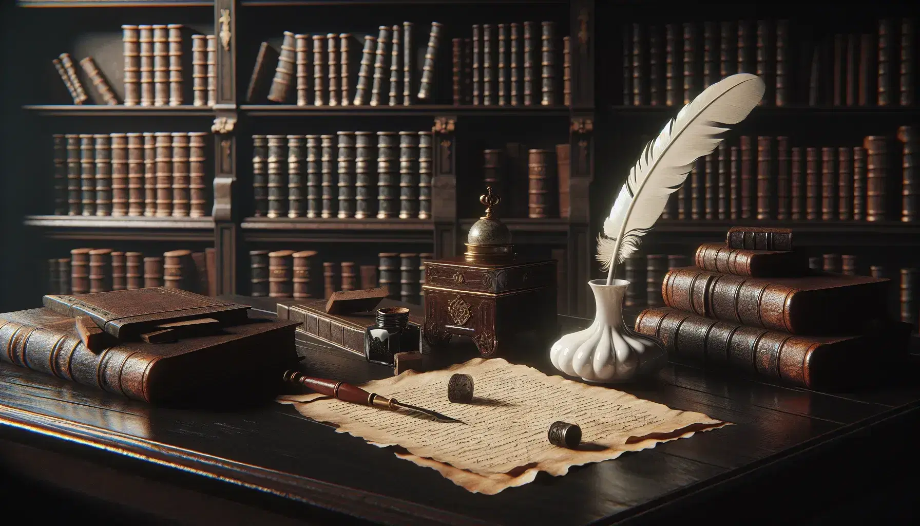 Scena di biblioteca antica con scrivania in legno scuro, calamaio vintage, penna d'oca e pergamena, scaffali di libri rilegati e statuetta di gufo.