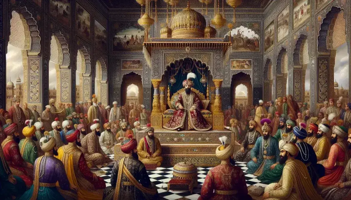 Mughal emperor on golden throne in regal attire with courtiers and musicians in ornate court with frescoes and chandeliers.