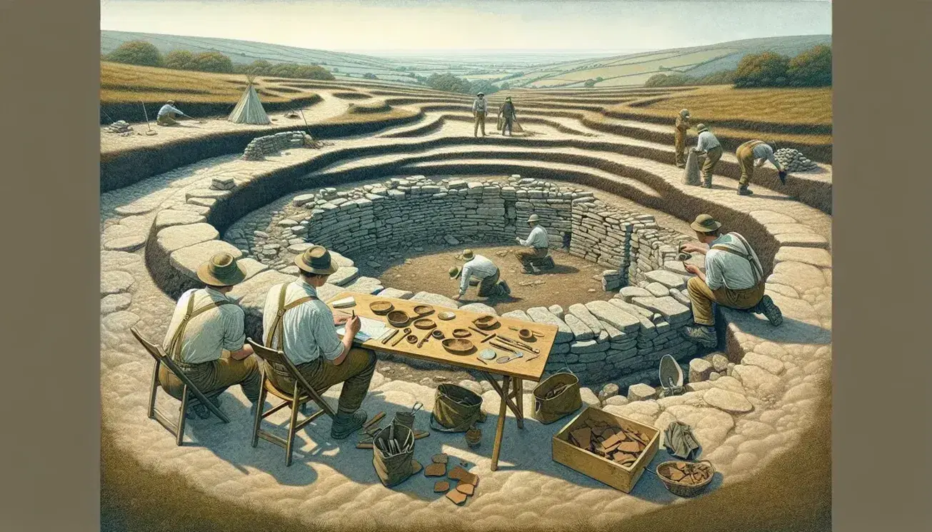 Excavación arqueológica con estructura de piedra semicircular, herramientas y arqueólogos trabajando en un sitio con colinas al fondo bajo cielo despejado.