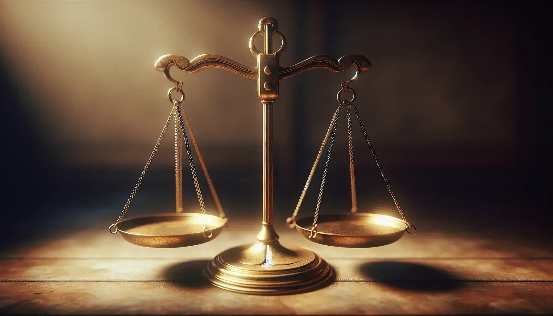 Balanza antigua de dos platos en equilibrio, de metal dorado con acabado desgastado, suspendida de cadenas sobre fondo marrón difuso.
