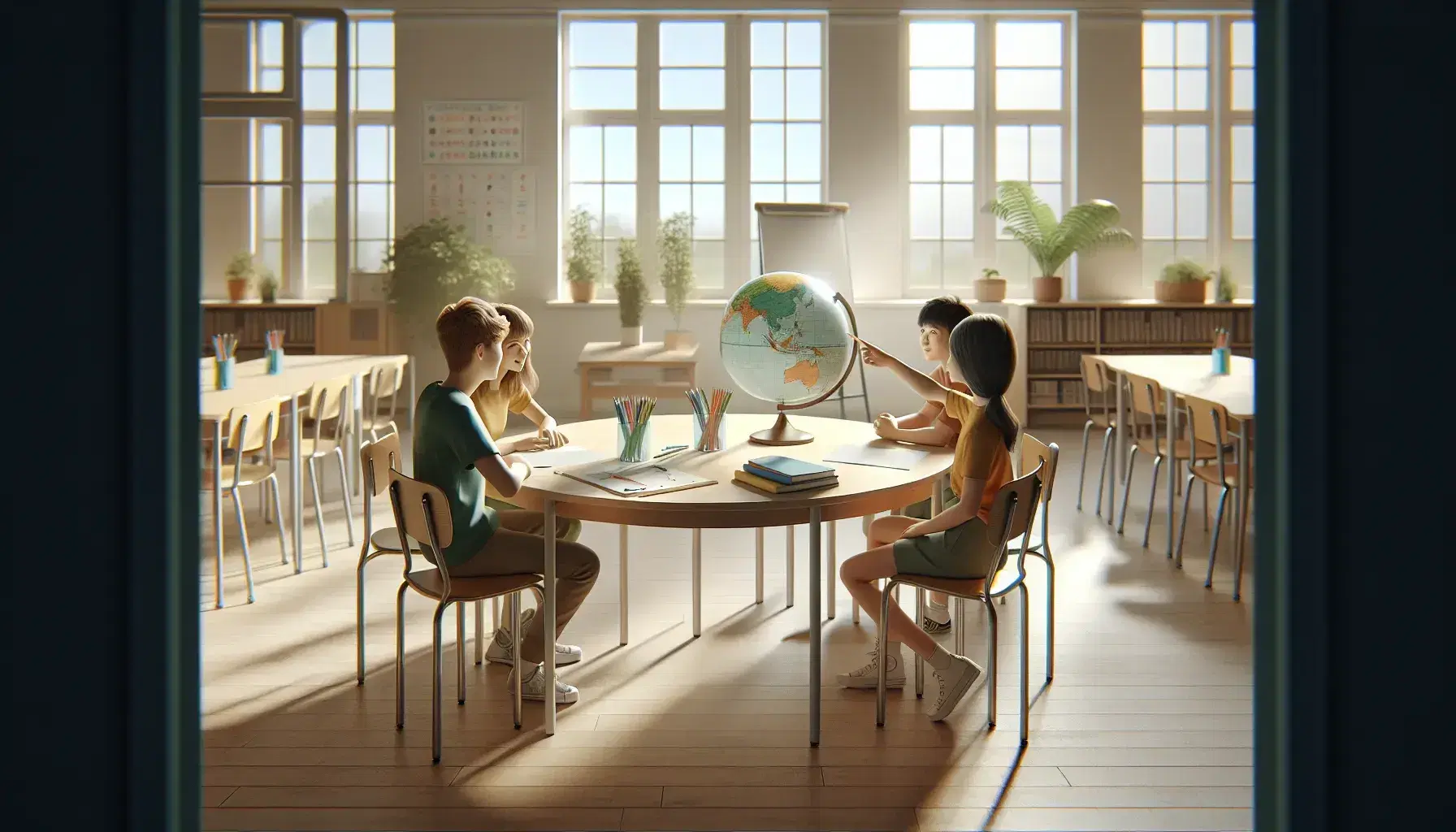 Aula escolar iluminada con luz natural, tres estudiantes alrededor de una mesa redonda con un globo terráqueo, papel en blanco y lápices de colores.