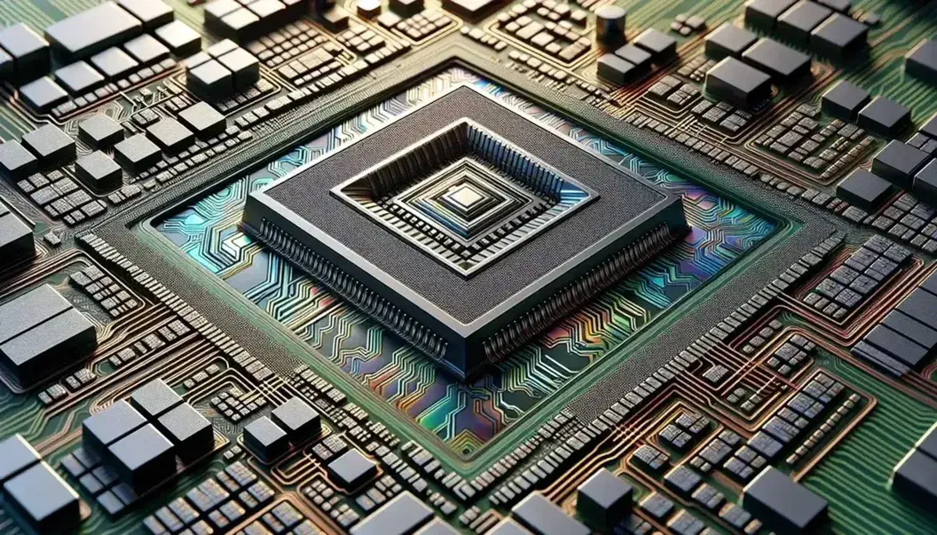 Modern microprocessor with intricate circuitry in metallic tones on green PCB with electronic components such as capacitors and resistors.