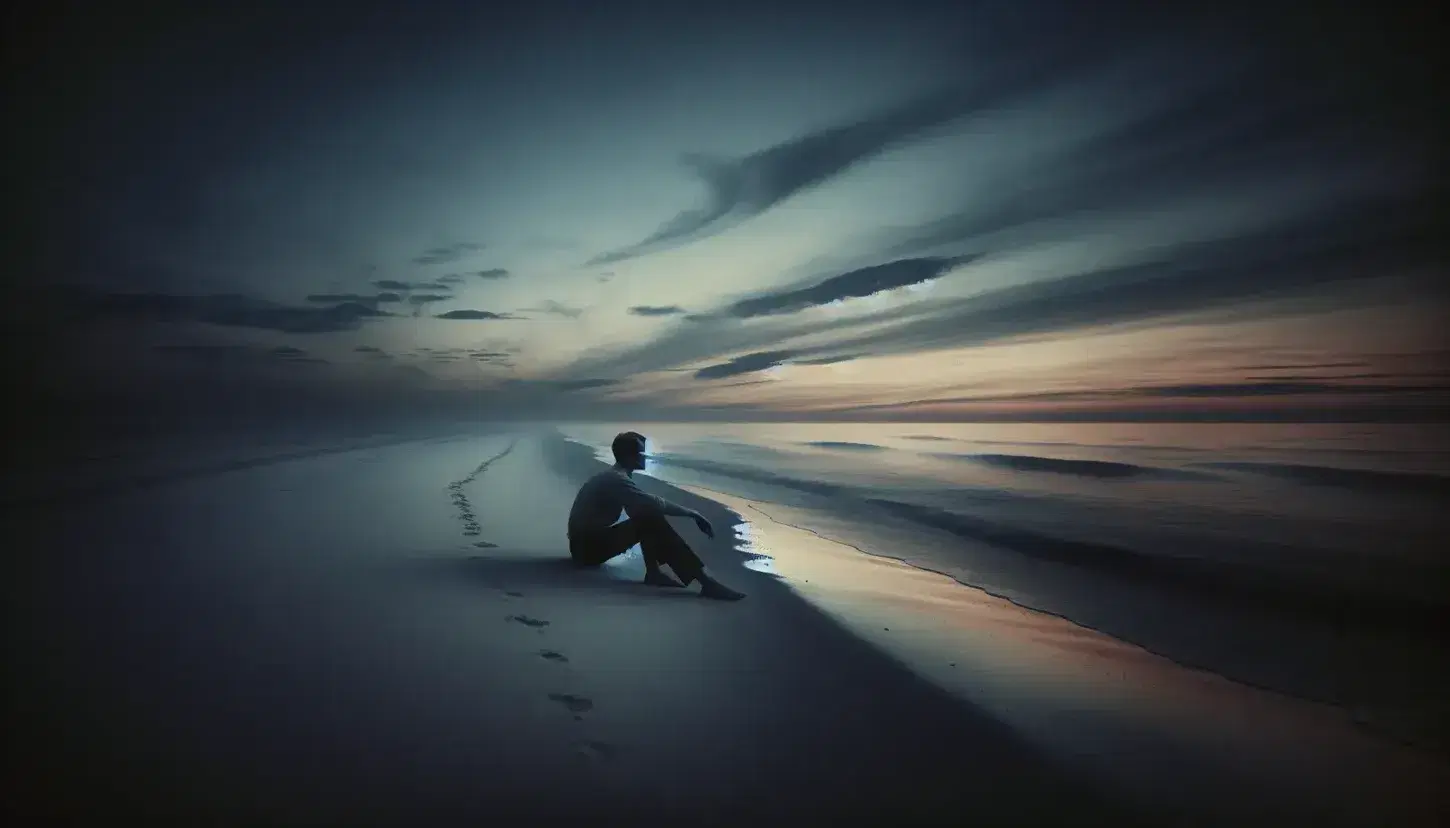 Man sitting alone on a beach at dusk, gazing at a calm sea under a sunset sky with a distant city silhouette in the background.