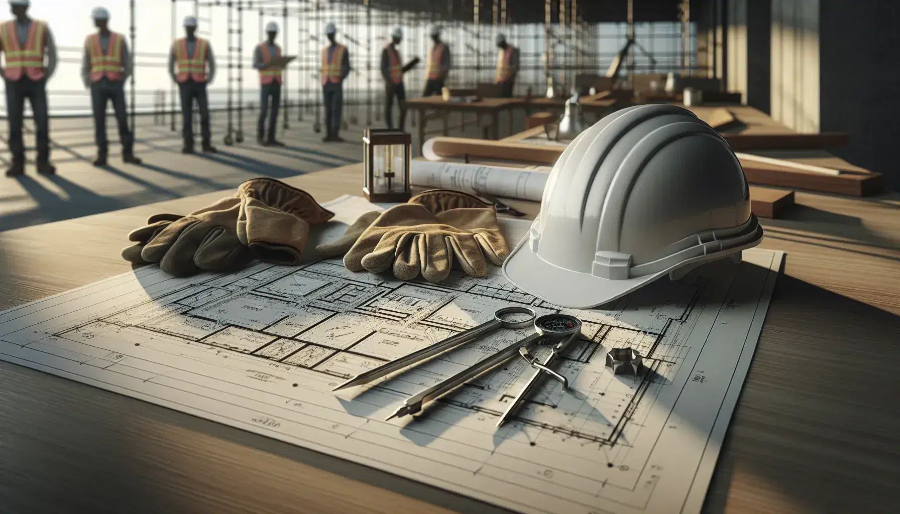 Casco de seguridad blanco sobre mesa de madera con planos arquitectónicos, guantes de trabajo y compás metálico, fondo de construcción con obreros.