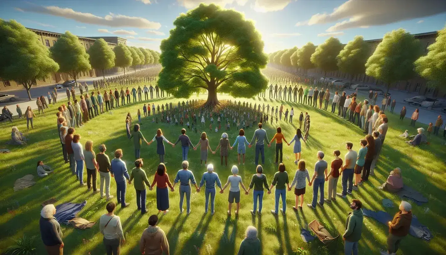 Grupo diverso de personas unidas de la mano formando un círculo alrededor de un árbol frondoso en un día soleado en el parque.