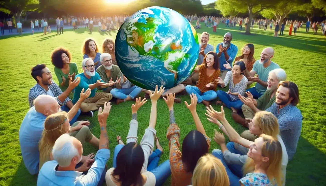 Grupo diverso en círculo al aire libre sostiene un globo terráqueo, gestos de diálogo y sonrisas en parque diurno, simbolizando colaboración y unidad.