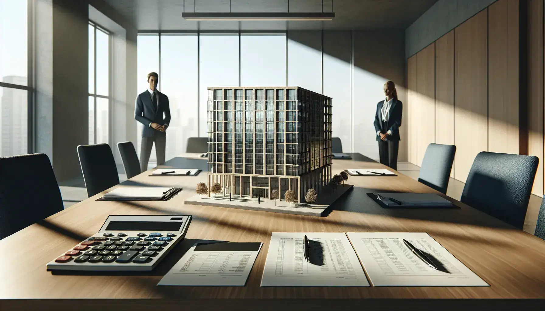 Contemporary office with a large wooden conference table featuring a scale model of a building, calculators, blank papers, and two professionals discussing.