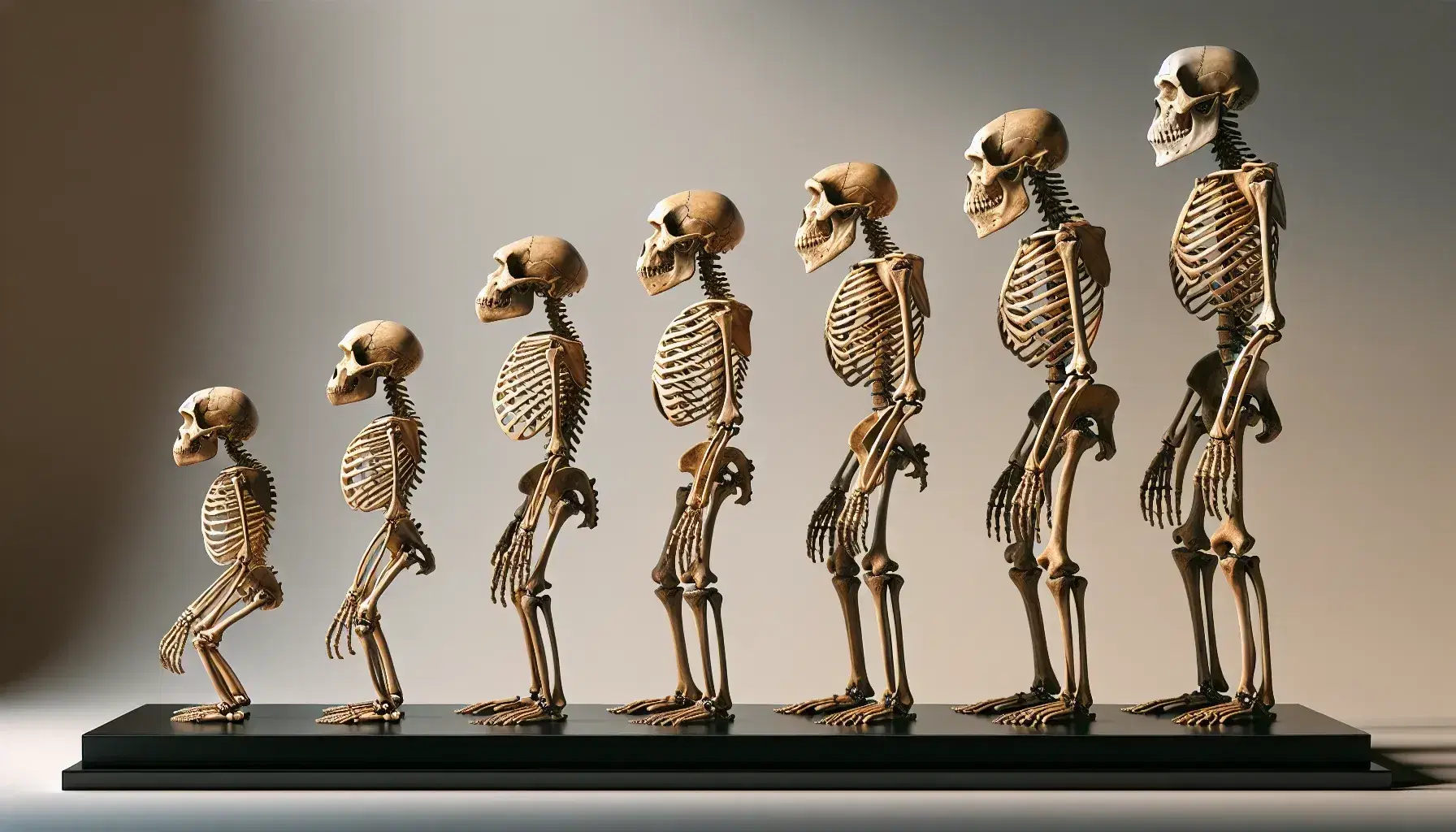 Secuencia evolutiva de esqueletos homínidos desde formas primitivas hasta el humano moderno, mostrando cambios en cráneo y postura.