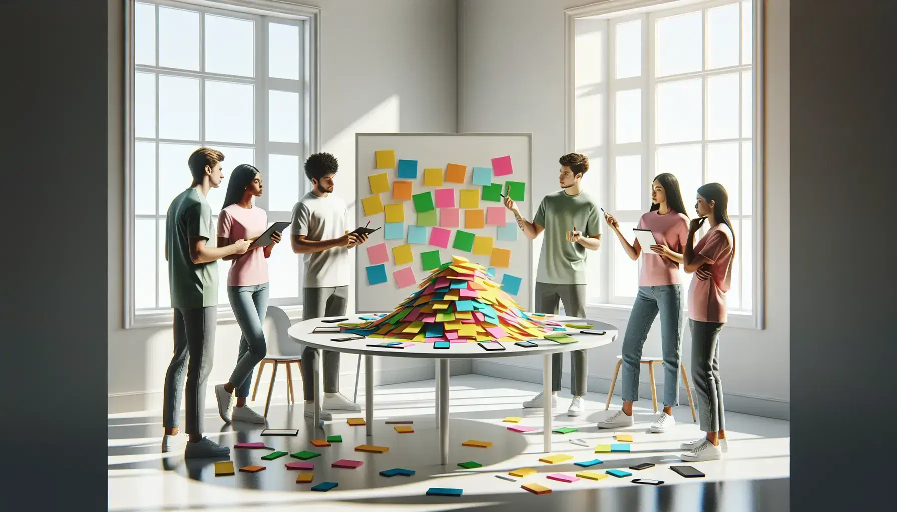 Grupo de cinco personas colaborando en una sesión de brainstorming con notas adhesivas de colores sobre una mesa redonda, en un ambiente iluminado y minimalista.