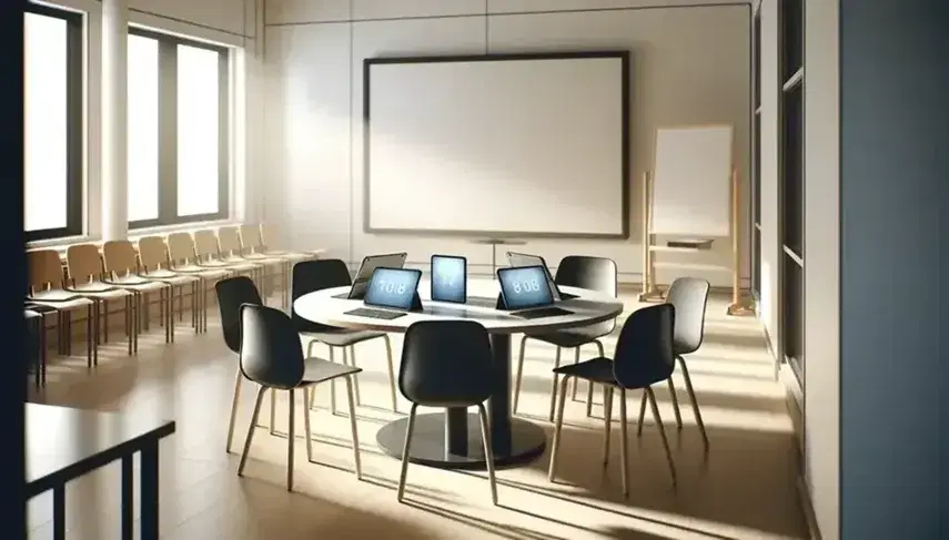 Aula escolar moderna con mesa redonda y sillas, tabletas digitales encendidas sobre la mesa, pizarra blanca limpia y ventana grande que ilumina el espacio.